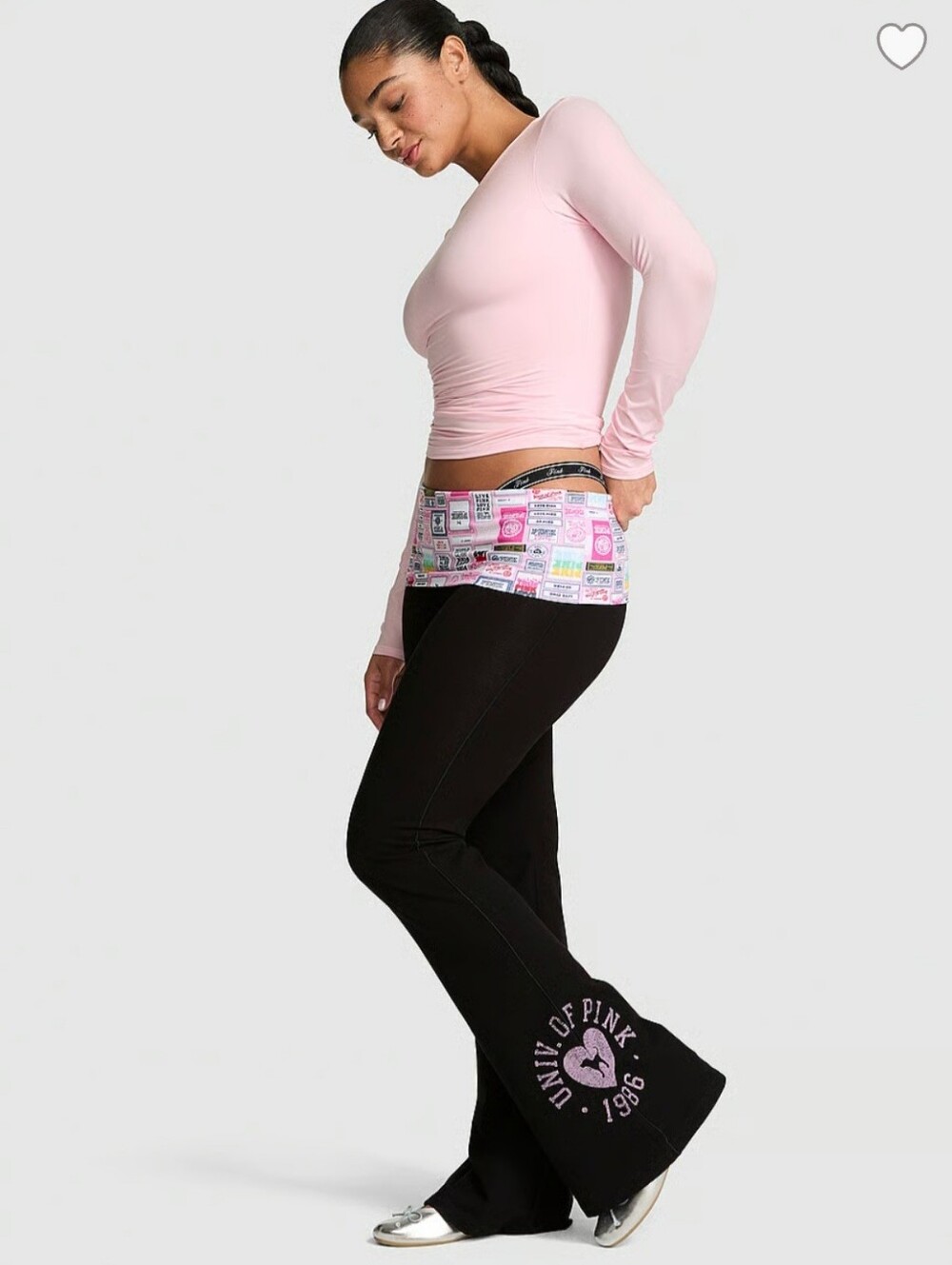 PINK All Day Cotton Foldover Flare Leggings Black Patchwork NWT - Picture 3 of 6